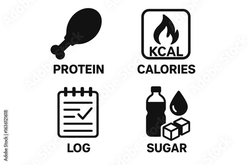 Nutritional icons for protein, calories, log, and sugar