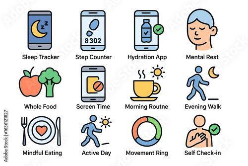 Digital wellness: apps for health tracking and mindful living icons