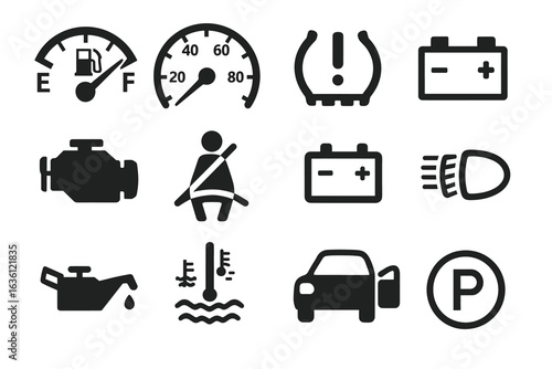 Car dashboard icons: fuel gauge, speedometer, battery, engine, seatbelt, oil, temp, parking