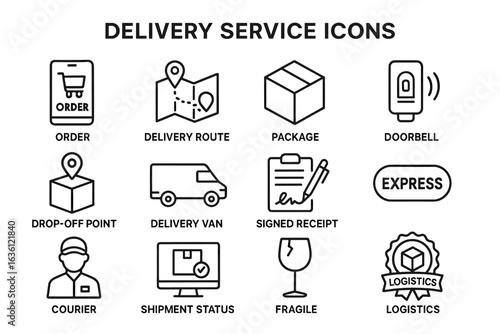 Delivery service icons set: order, route, package, receipt, logistics