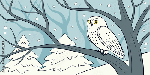  A snowy owl perched on a frosty tree branch, piercing yellow eyes staring ahead, snowflakes falling gently, white feathers blending with the winter landscape.