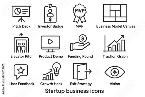 Comprehensive set of startup business icons for planning and strategy