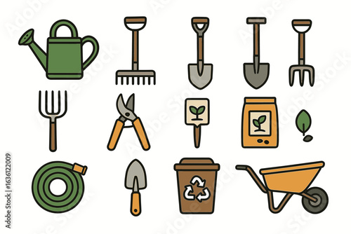 Gardening tools collection: shovels, rakes, watering can, wheelbarrow, and more