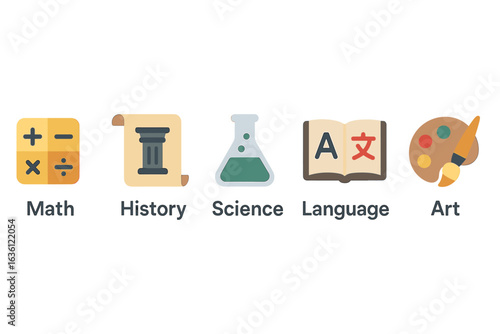Educational icons representing math, history, science, language, and art in simple designs