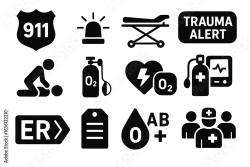 Emergency icons set featuring medical and rescue symbols