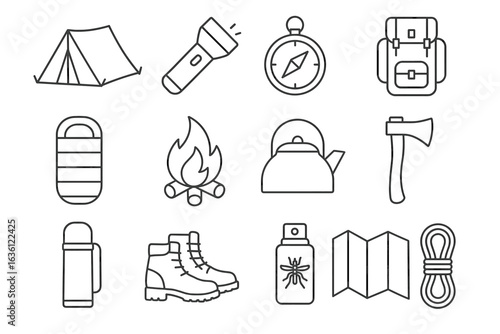 Camping equipment icons: tent, flashlight, compass, and more essentials