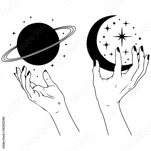 two hands holding a planet and a star