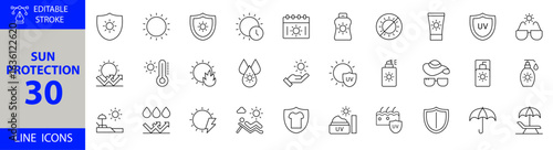 Sun Protection Icon Set. Vector Illustrations for Sunscreen, SPF, Skin Care, Summer, UV Safety, Beach, Hat, Sunglasses, Sunblock, Tanning, and Sunburn Prevention
