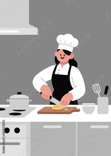 a female chef is cooking in the kitchen Illustrator Artwork design template poster
