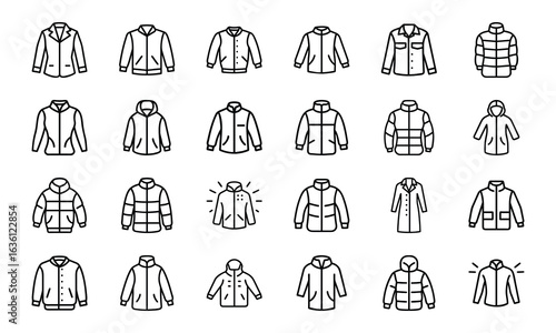 Winter Jacket and Coat Icon Set – Minimal Line Style Vector Illustrations of Outerwear, Puffer Jackets, Parkas, Hooded Coats, and Fashion Clothing Icons for Cold Weather Design Projects