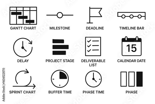 Project management icons: gantt chart, milestone, deadline, timeline bar