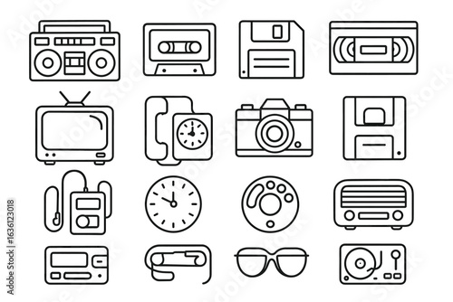 Retro technology icons: cassette, floppy disk, camera, record player, crt tv