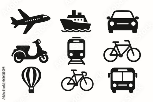 Simple black transportation icons set featuring vehicles and modes of travel