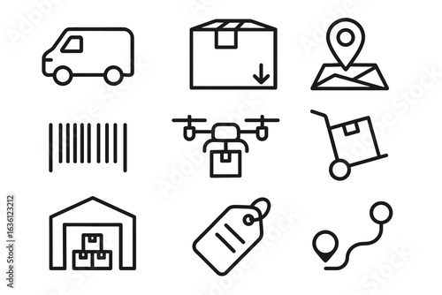 Warehouse delivery icons set: van, package, map, barcode, drone, cart, warehouse, tag, route