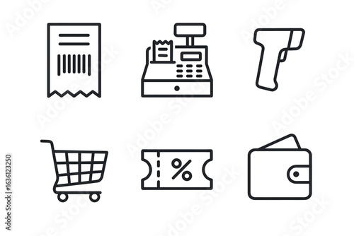 Retail icons set featuring receipt, cash register, scanner, shopping cart, discount coupon, wallet