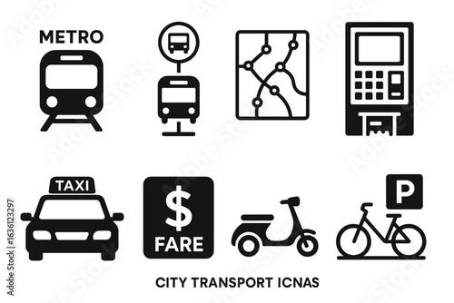 Urban transportation icons: metro, taxi, bus, bike, scooter, map, ticket machine