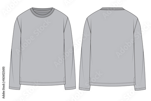 Full & Half sleeve tee flat, Basic Long Sleeve T-Shirt Technical Flat. Men's Crew Neck Long Sleeve Tee Mock-up. Grey Long Sleeve T-Shirt Apparel Template.