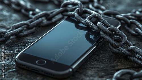 A smartphone chained to a surface, symbolizing restriction of freedom or security. Useful in articles about digital security and restricting access to information.