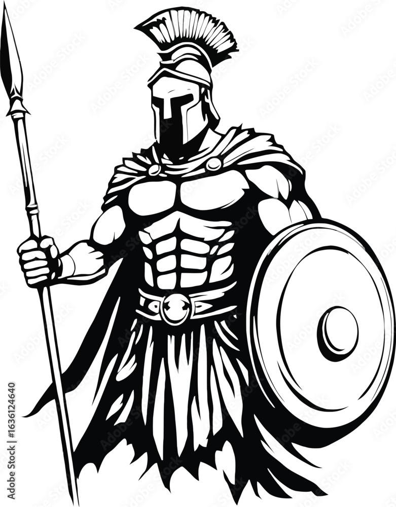 Obraz premium Vector logo ancient warrior with spear and shield, black and white heroic figure, crested helmet and cape design