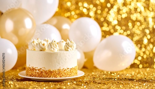 Celebration Cake with Cream Frosting and Golden Backdrop