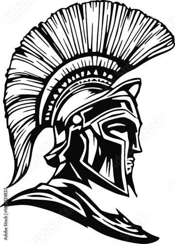 Vector logo Spartan warrior helmet, black and white ancient armor design, feathered crest and stern expression