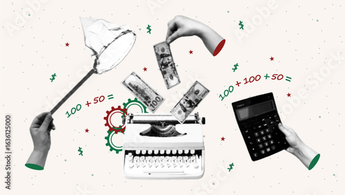 Money concept halftones collage. Hand holding $100 bills over a typewriter. Hand are holding a calculator. Retro illustration on financial theme on transparent background.