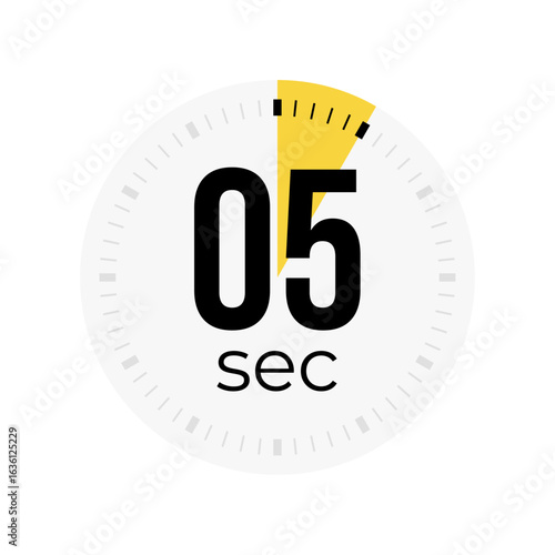 5 or five second timer, clock, stopwatch, time, countdown timer, cooking time icon. Yellow color dial representing time measurement, progress, deadline, chronometer, alarm, kitchen timer label.