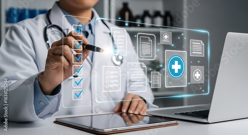 Doctor reviewing digital health records with touch screen technology