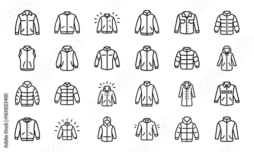 Winter Jacket and Coat Icon Set – Minimal Line Style Vector Illustrations of Outerwear, Puffer Jackets, Parkas, Hooded Coats, and Fashion Clothing Icons for Cold Weather Design Projects
