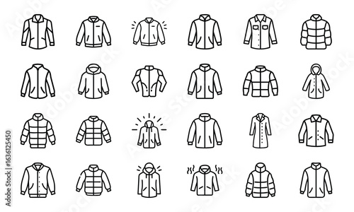 Winter Jacket and Coat Icon Set – Minimal Line Style Vector Illustrations of Outerwear, Puffer Jackets, Parkas, Hooded Coats, and Fashion Clothing Icons for Cold Weather Design Projects