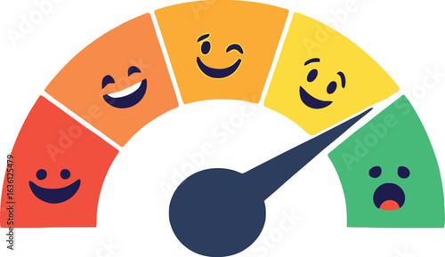 Vector logo emotion gauge, satisfaction scale with facial expressions, feedback meter, colorful mood indicator, needle pointing to sad face