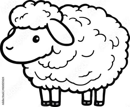 Vector logo cute cartoon sheep, fluffy line art animal, black and white farm icon, smiling sheep doodle