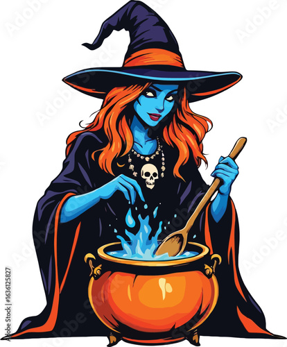 Vector logo witch character, potion cauldron, magical design, fantasy vector logo orange hair witch, skull pendant, spell stirring, enchanted scene