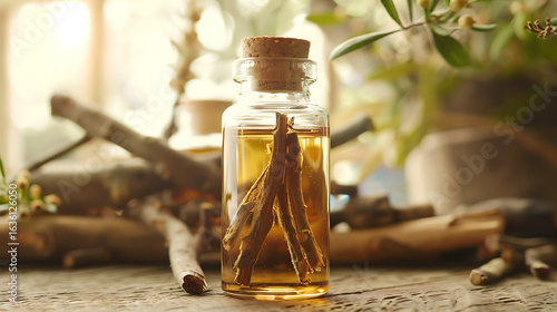 Glass bottle of licorice root extract with dried roots on a rustic wooden table.