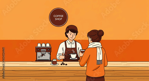Friendly barista serving a hot beverage to a customer at the counter of a modern coffee shop. Small business service concept.