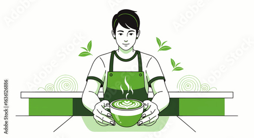 A skilled barista proudly presents a steaming, freshly prepared cup of matcha green tea in a minimalist cafe setting, representing hospitality and the craft of tea making.