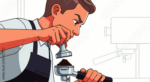 Skilled barista carefully tamping ground coffee into a portafilter. Illustration of a focused man preparing an espresso in a cafe setting.