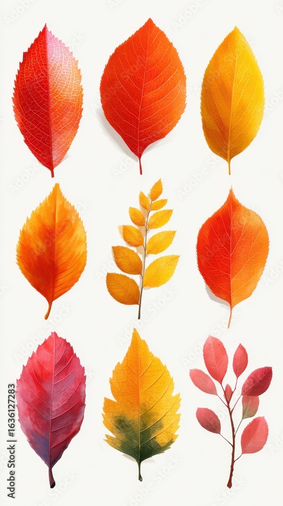 Fototapeta premium Colorful autumn leaves displayed in a grid showcasing vibrant hues from orange to red in a natural art composition