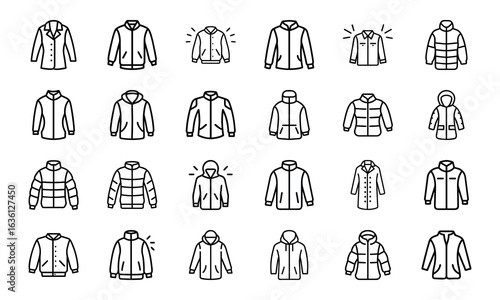 Winter Jacket and Coat Icon Set – Minimal Line Style Vector Illustrations of Outerwear, Puffer Jackets, Parkas, Hooded Coats, and Fashion Clothing Icons for Cold Weather Design Projects