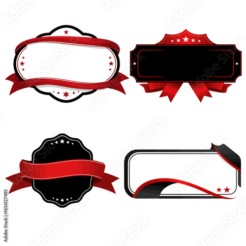 Set of elegant red and black blank labels with ribbons. Vector graphic elements for badges, banners, and promotional seals.