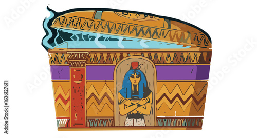 Egyptian sarcophagus, ancient artifact, colorful patterns, hieroglyphs, pharaoh figure, glowing blue light, mystical aura, partially open lid, historical relic, supernatural theme