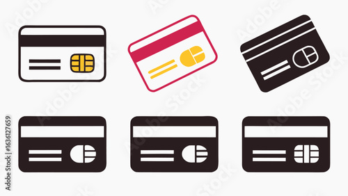 Credit Card Icons:  Flat Design, Multiple Variations, Black, White, and Red, Simple, Clean Style for Finance and Banking Applications.