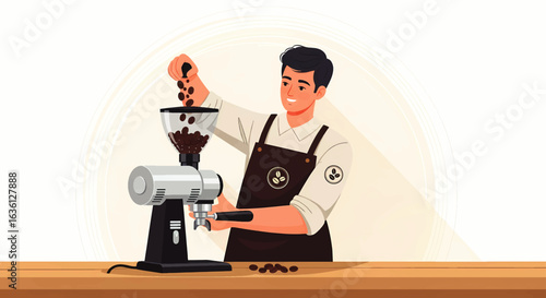 A professional barista in an apron grinds fresh coffee beans in an electric grinder for a perfect morning brew.