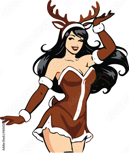 Reindeer costume, festive outfit, antler headband, brown dress, white fur trim, holiday fashion, playful pose, gloves, boots, long black hair