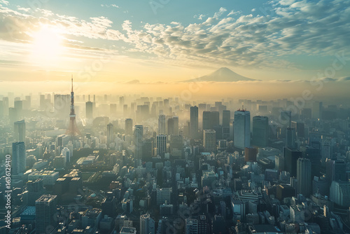 Wallpaper Mural Aerial View of Tokyo City Skyline at Sunrise with Tokyo Tower and Mount Fuji Torontodigital.ca