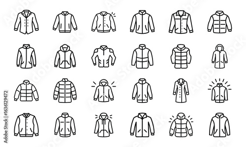 Winter Jacket and Coat Icon Set – Minimal Line Style Vector Illustrations of Outerwear, Puffer Jackets, Parkas, Hooded Coats, and Fashion Clothing Icons for Cold Weather Design Projects
