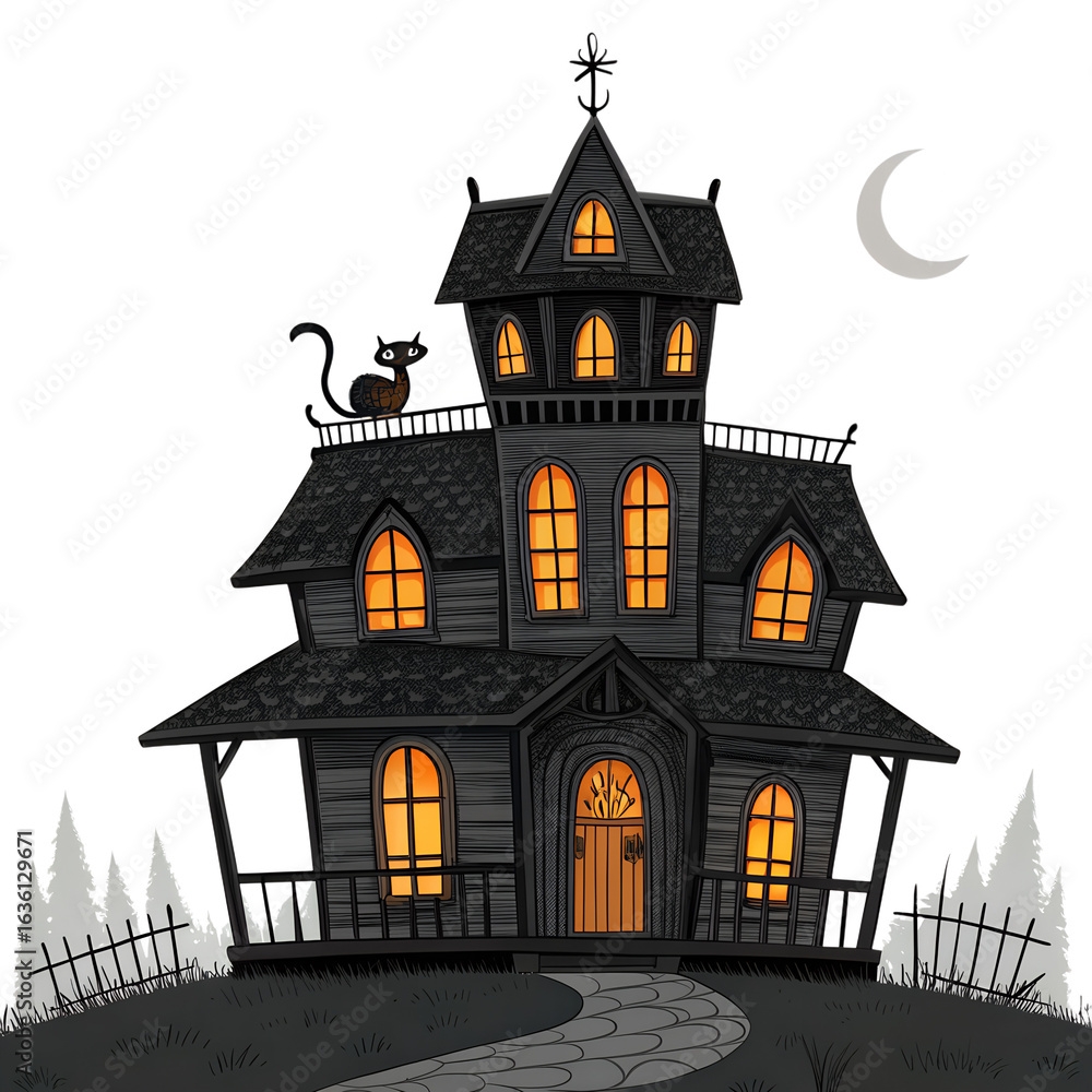 Obraz premium Halloween haunted house with cat and moon