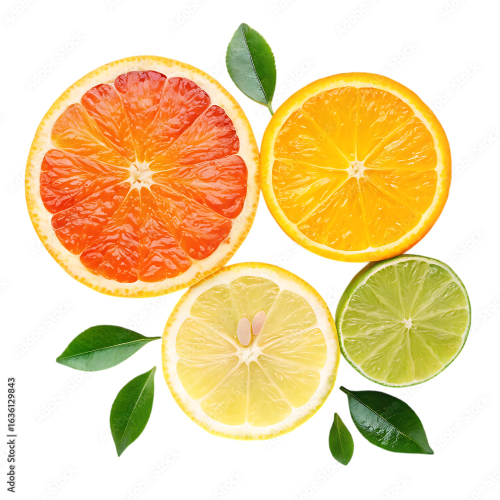 Fototapeta premium Assortment of citrus fruit slices with green leaves isolated on transparent background