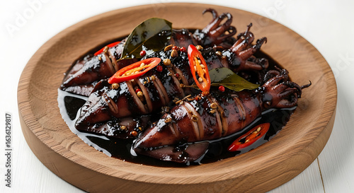 Cumi Masak Hitam on Rustic Wooden Plate with White Background – Indonesian Squid Dish