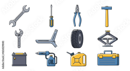 Illustration of a collection of automotive repair tools and equipment for vehicle maintenance tasks